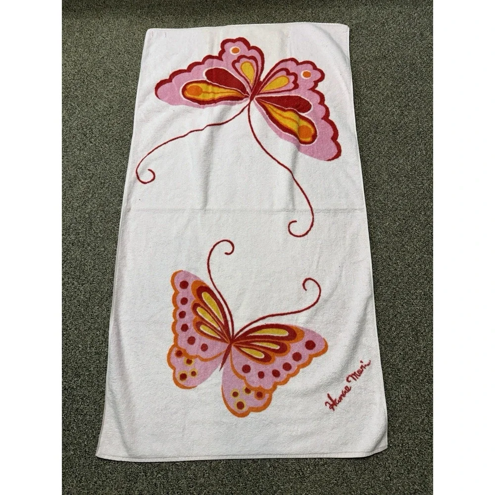 2 Vintage 1970s Hanae Mori Butterfly Towel Martex USA Pink Bathroom
